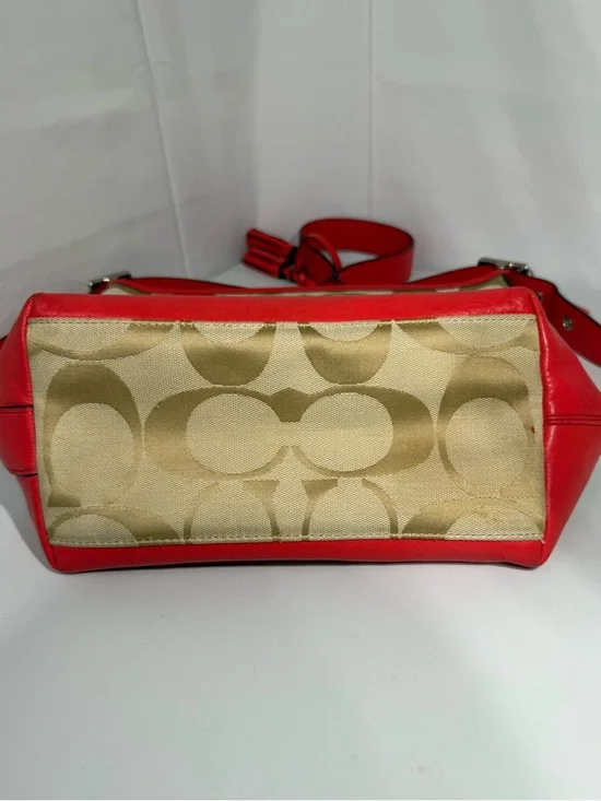 Coach Signature Canvas Red Leather Trim Large Shoulder Bag Hobo Tassel - Picture 12 of 16